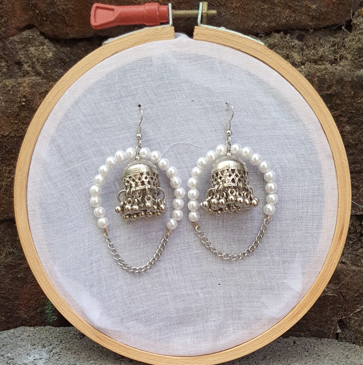 Pearl Bead Chain Jhumka Earrings