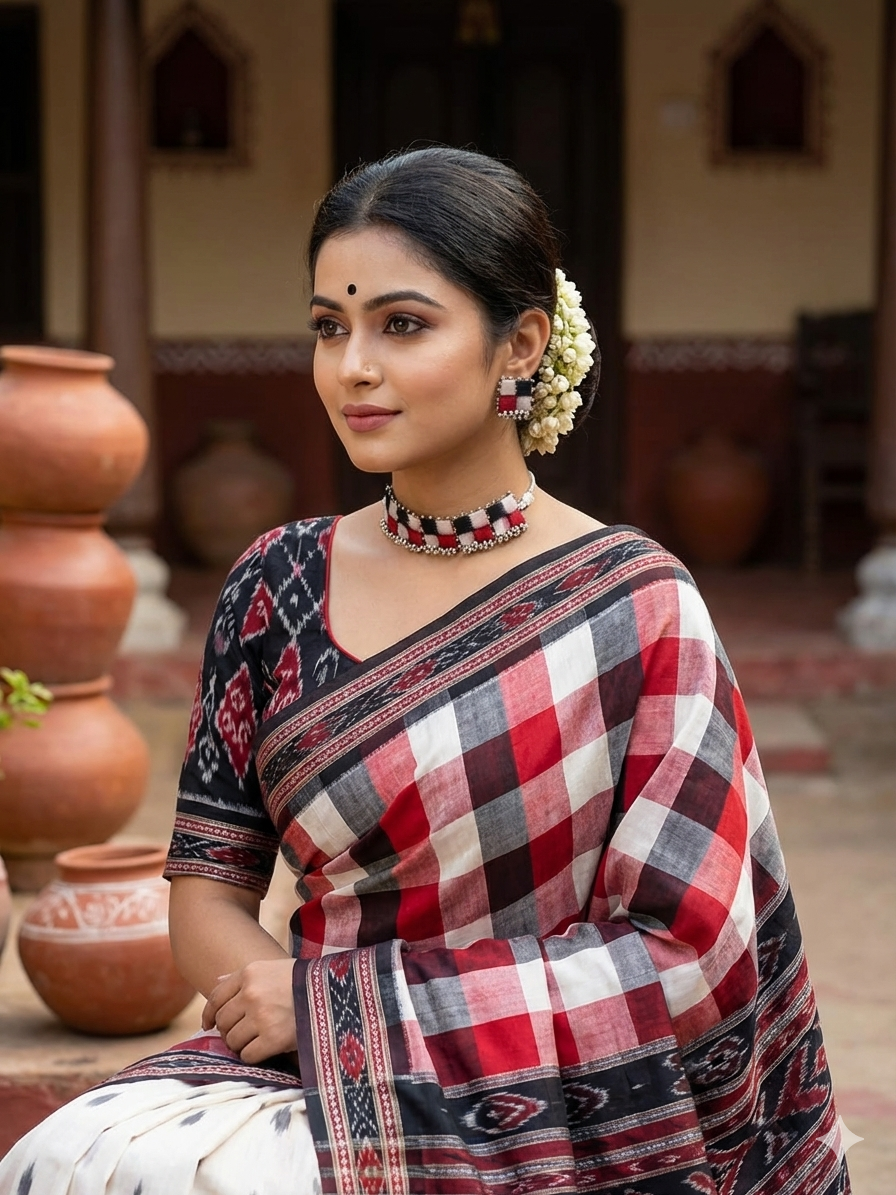 Red, Black & White Saptapar Sambalpuri Fabric Choker Set