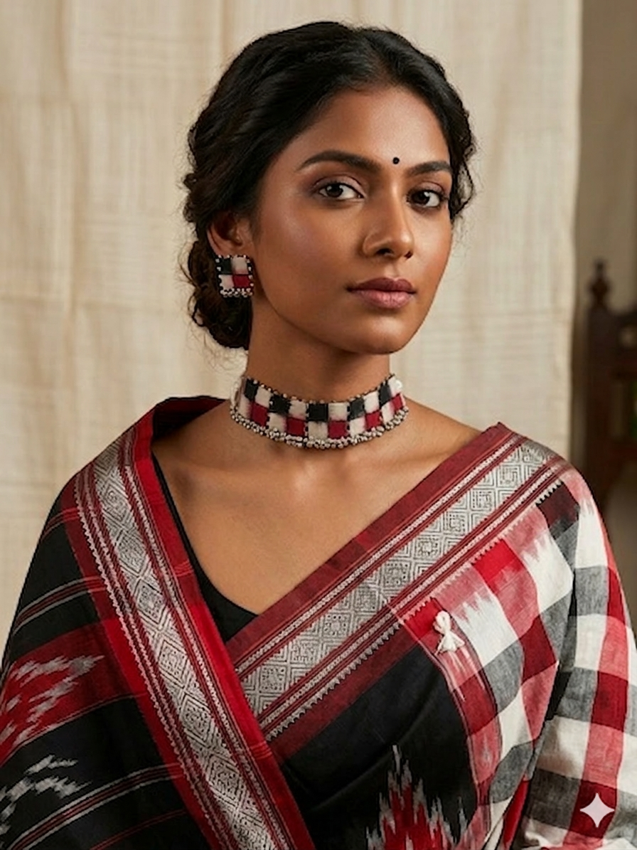 Red, Black & White Saptapar Sambalpuri Fabric Choker Set