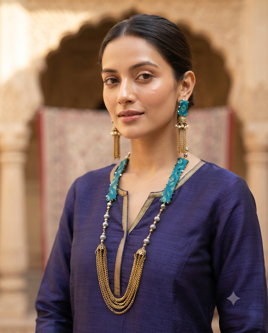 Teal Fabric-Wrapped Artisan Necklace & Jhumka Earring Set