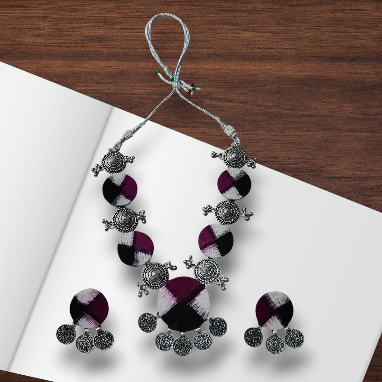 Purple, Black and White Sambalpuri Pasapali Fabric & Oxidized Silver Statement Necklace Set