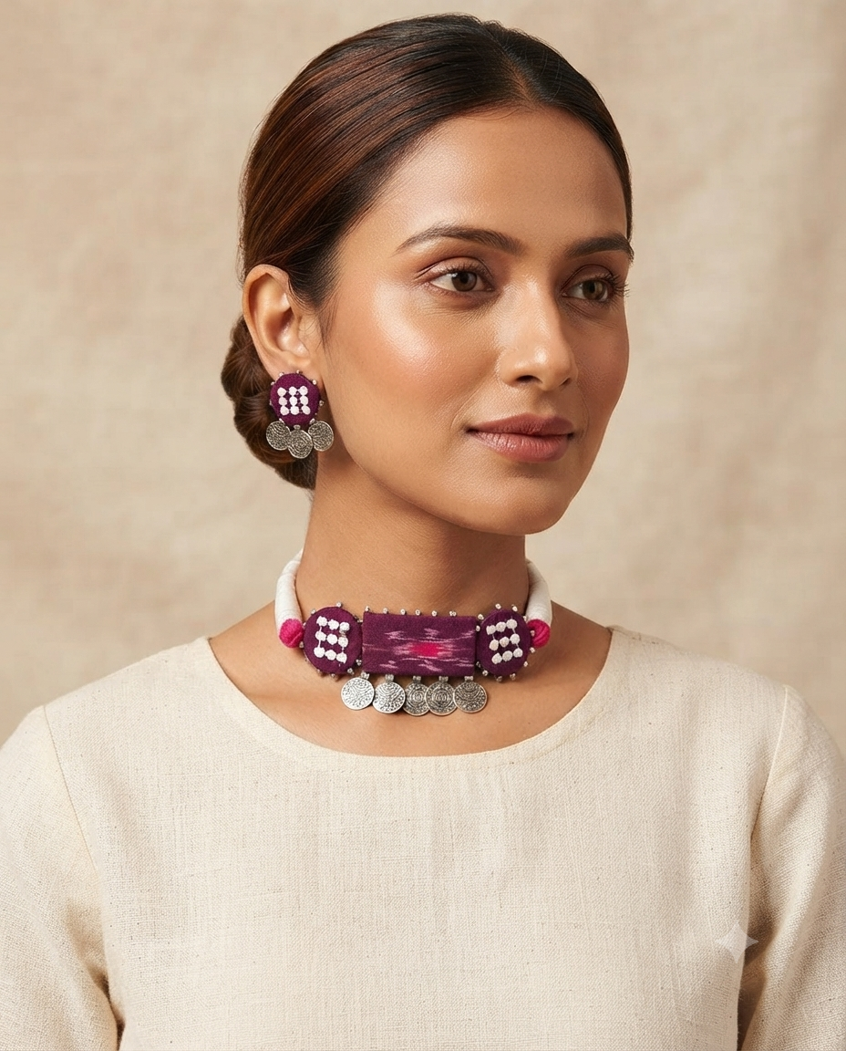 Handcrafted Purple Sambalpuri Fabric and Coin Choker Set