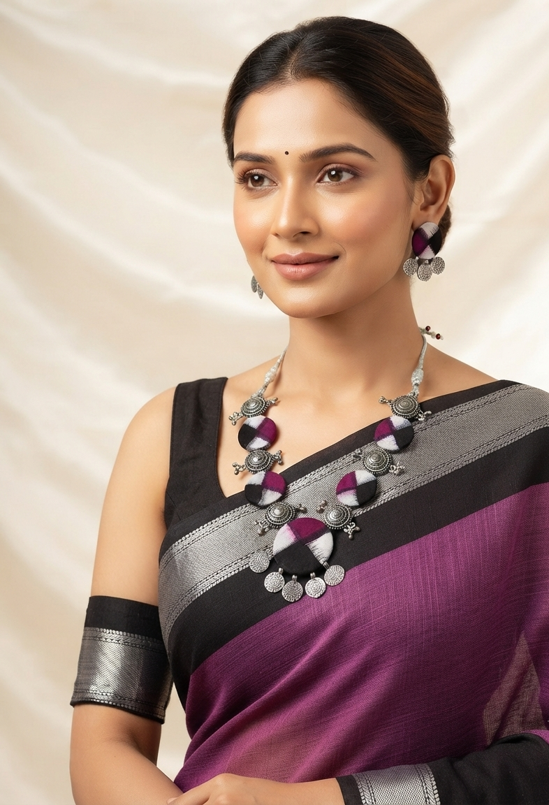 Purple, Black and White Sambalpuri Pasapali Fabric & Oxidized Silver Statement Necklace Set