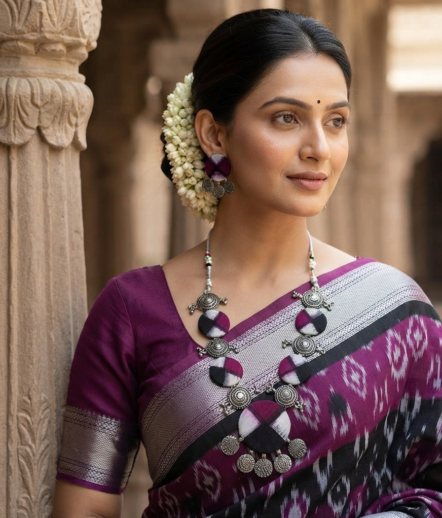Purple, Black and White Sambalpuri Pasapali Fabric & Oxidized Silver Statement Necklace Set