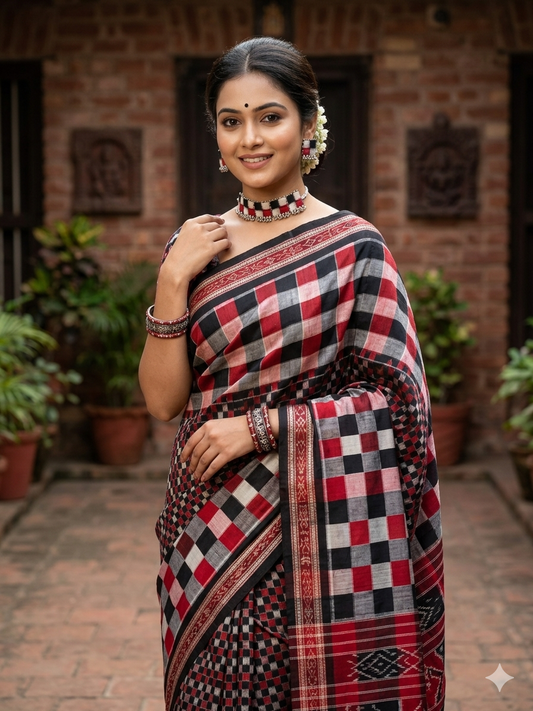 Red, Black & White Saptapar Sambalpuri Fabric Choker Set
