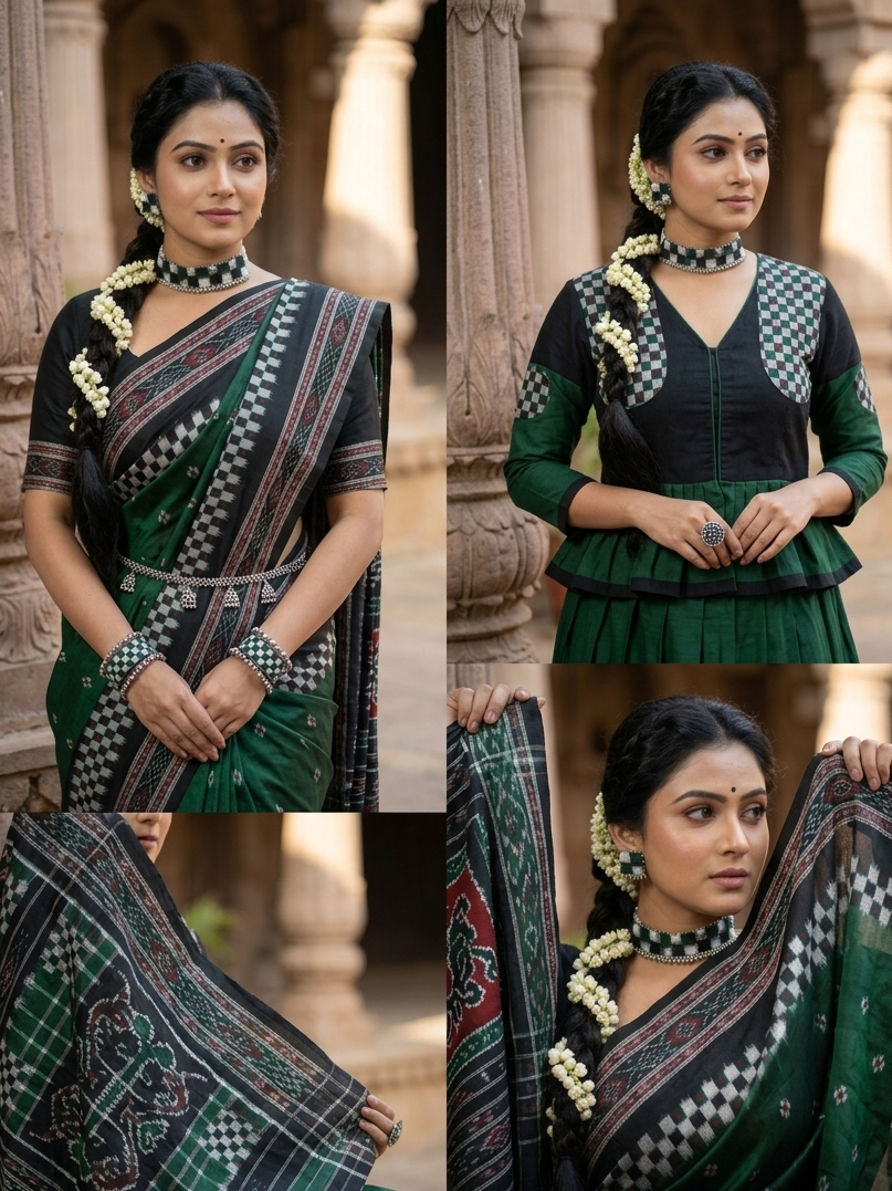 Black-Green-White Pasapali Fabric Choker Set