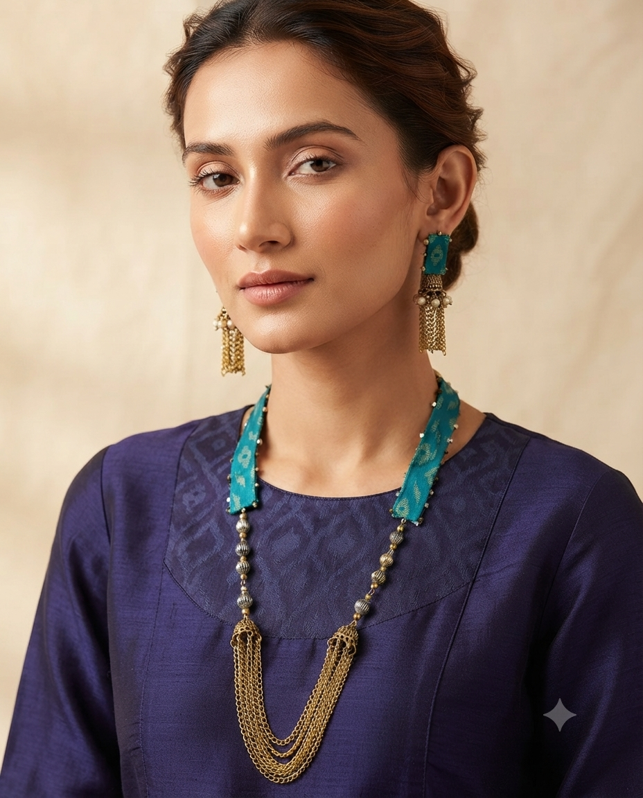 Teal Fabric-Wrapped Artisan Necklace & Jhumka Earring Set