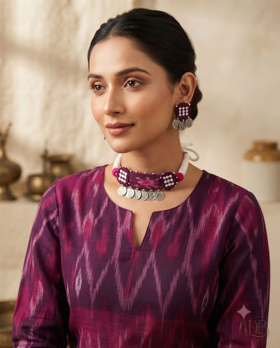 Handcrafted Purple Sambalpuri Fabric and Coin Choker Set