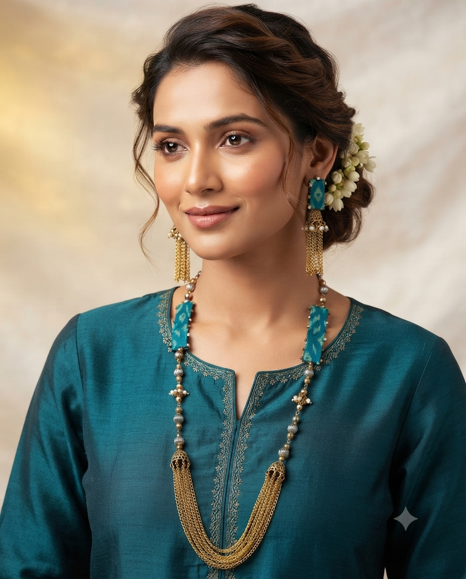 Teal Fabric-Wrapped Artisan Necklace & Jhumka Earring Set