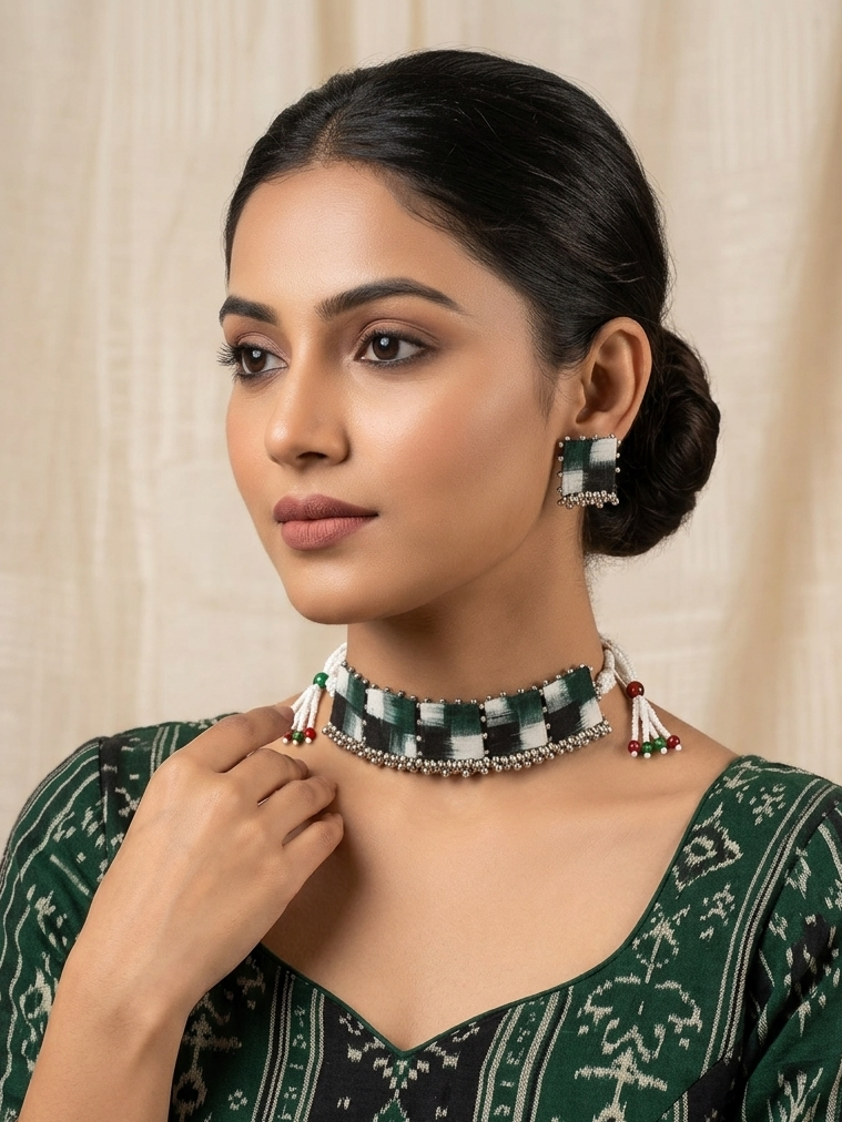 Black-Green-White Pasapali Fabric Choker Set