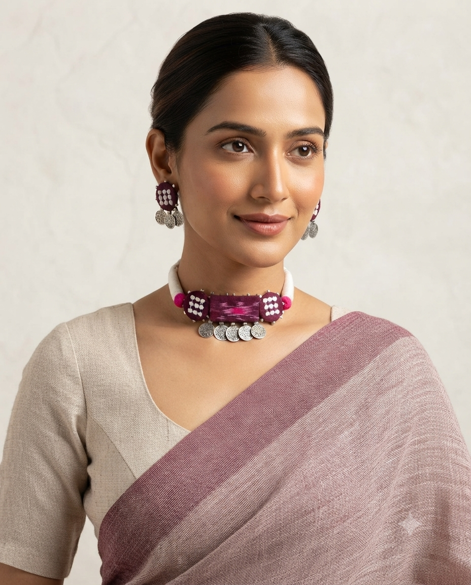 Handcrafted Purple Sambalpuri Fabric and Coin Choker Set
