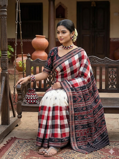Red, Black & White Saptapar Sambalpuri Fabric Choker Set
