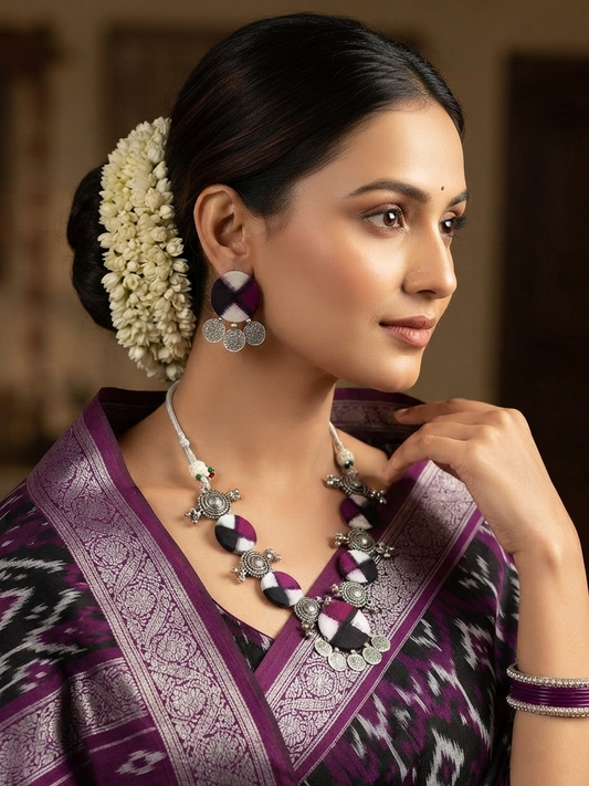 Purple, Black and White Sambalpuri Pasapali Fabric & Oxidized Silver Statement Necklace Set
