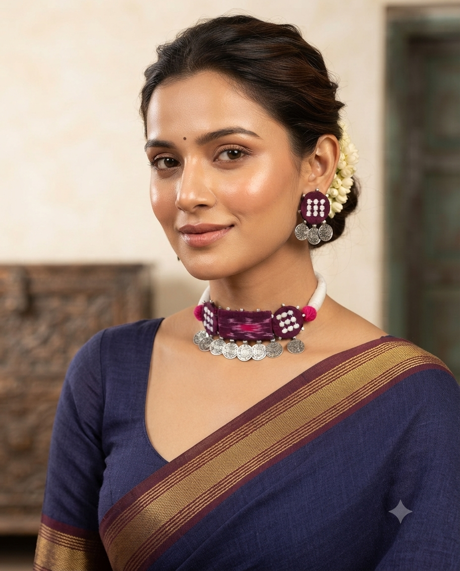Handcrafted Purple Sambalpuri Fabric and Coin Choker Set