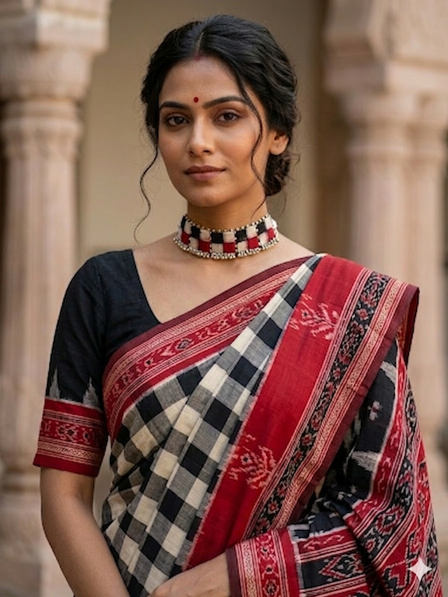 Red, Black & White Saptapar Sambalpuri Fabric Choker Set