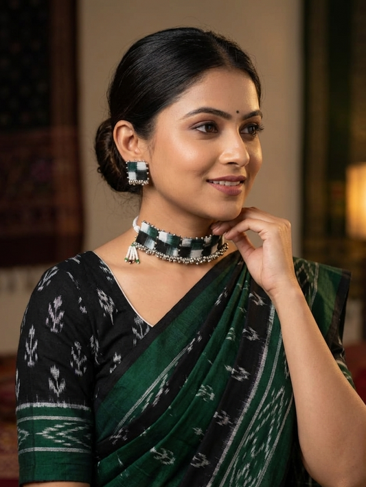 Black-Green-White Pasapali Fabric Choker Set