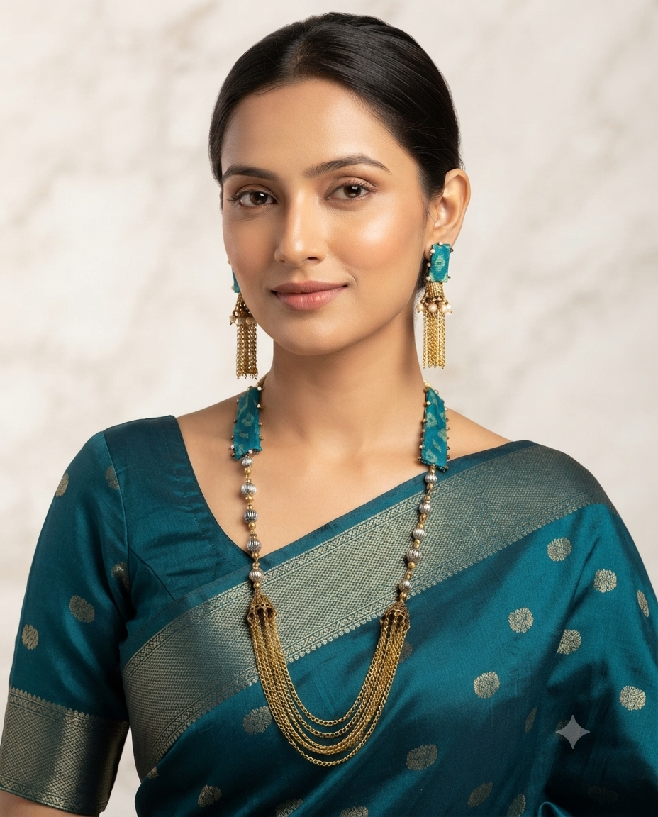 Teal Fabric-Wrapped Artisan Necklace & Jhumka Earring Set