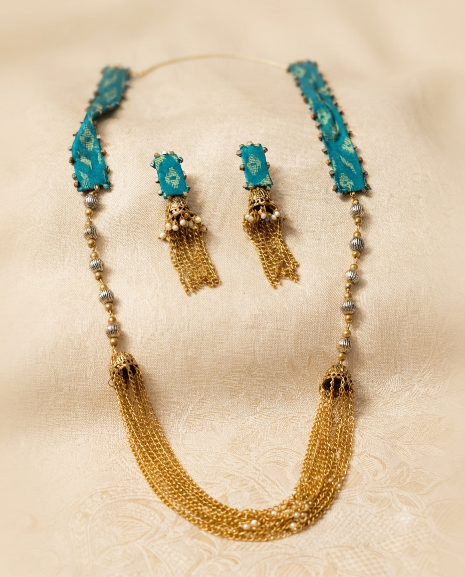 Teal Fabric-Wrapped Artisan Necklace & Jhumka Earring Set