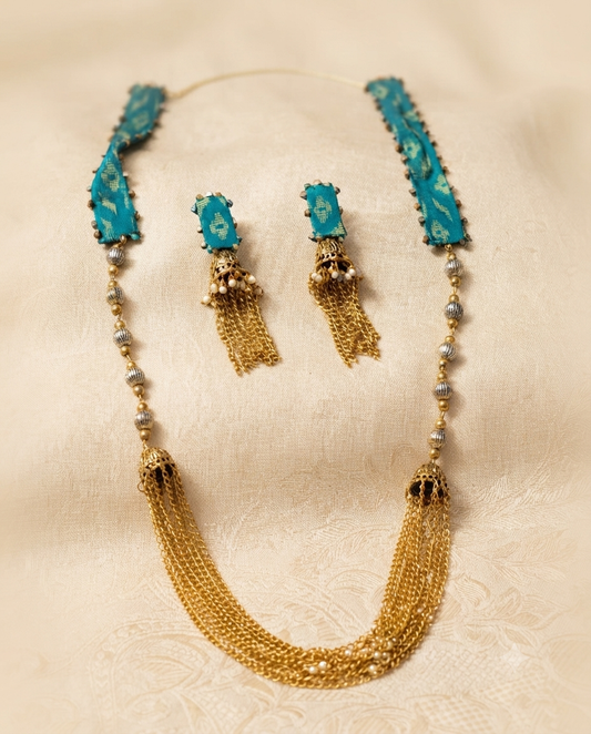 Teal Fabric-Wrapped Artisan Necklace & Jhumka Earring Set